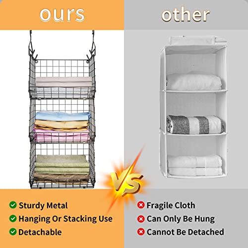 X-cosrack 3 Tier Foldable Closet Organizer, Clothes Shelves with 5 S Hooks, Wall Mount&Cabinet Wire Storage Basket Bins, for Clothing Sweaters Shoes Handbags Clutches Accessories Patent Design