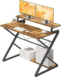 noblewell computer desk for small space, small gaming desk with monitor stand, 37.5 inches corner computer desk with storage shelf for gaming studying writing office, vintage brown