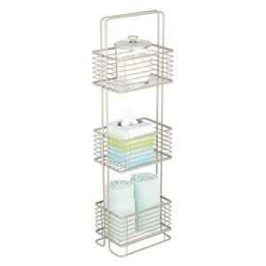 mdesign slim metal wire 3 tier free-standing bathroom shelving unit, small narrow storage organizer tower rack with 3 basket bins - holds tissues, hand soap, toiletries - satin