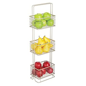 mDesign Slim Metal Wire 3 Tier Free-Standing Bathroom Shelving Unit, Small Narrow Storage Organizer Tower Rack with 3 Basket Bins - Holds Tissues, Hand Soap, Toiletries - Satin