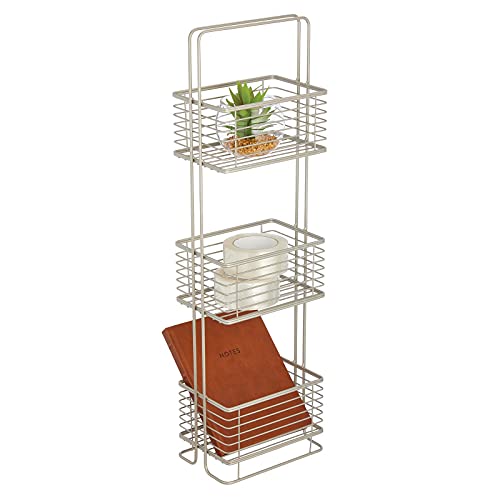 mDesign Slim Metal Wire 3 Tier Free-Standing Bathroom Shelving Unit, Small Narrow Storage Organizer Tower Rack with 3 Basket Bins - Holds Tissues, Hand Soap, Toiletries - Satin