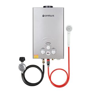 portable propane tankless water heater, camplux 2.11 gpm on demand camping gas water heater, gray