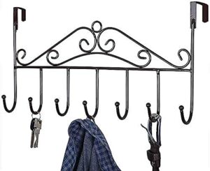over door hanger with 7 hooks,metal over the door towel hook,decorative overdoor organizers,hanging storage rack for hat,coats,purses,scarves,clothes,jackets,belt,bedroom,bathroom,closet (black)