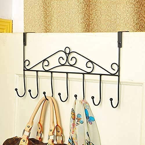 Over Door Hanger with 7 Hooks,Metal Over The Door Towel Hook,Decorative Overdoor Organizers,Hanging Storage Rack for Hat,Coats,Purses,Scarves,Clothes,Jackets,Belt,Bedroom,Bathroom,Closet (Black)