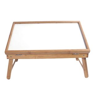 bed tray table with folding legs,adjustable dining-table serving breakfast in bed or use as a tv table, laptop computer tray, snack tray with natural bamboo (wood color & white plank)