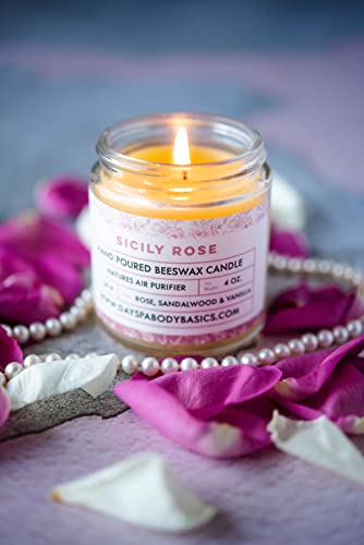 Sicily Rose Hand-Poured Beeswax Candle - All-Natural, Cotton Braided Wick, Chemical-Free, Smokeless, Cleans Air, Non-Toxic, Non-Polluting, Non-Allergenic, Handmade in USA