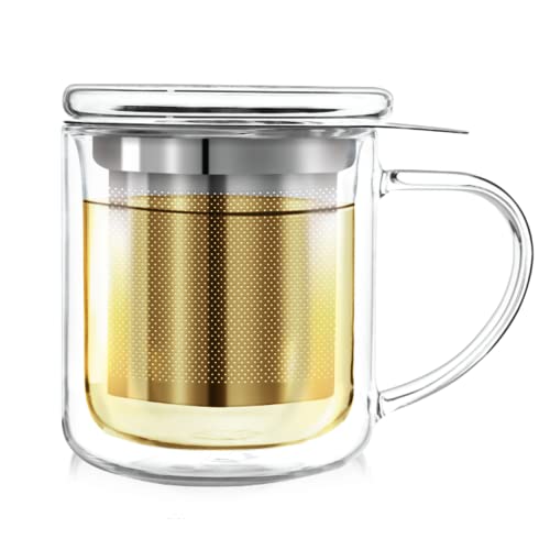 Teabloom Single-Serve Tea Maker - Double Wall Glass Cup with Infuser Basket and Lid for Steeping, Solista Brewing Mug (8 OZ)