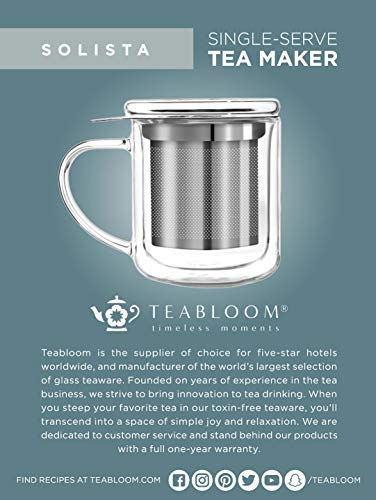 Teabloom Single-Serve Tea Maker - Double Wall Glass Cup with Infuser Basket and Lid for Steeping, Solista Brewing Mug (8 OZ)