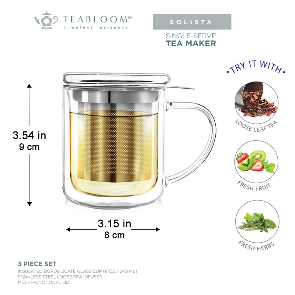 Teabloom Single-Serve Tea Maker - Double Wall Glass Cup with Infuser Basket and Lid for Steeping, Solista Brewing Mug (8 OZ)