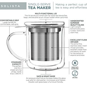 Teabloom Single-Serve Tea Maker - Double Wall Glass Cup with Infuser Basket and Lid for Steeping, Solista Brewing Mug (8 OZ)