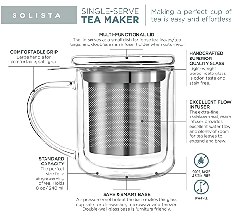 Teabloom Single-Serve Tea Maker - Double Wall Glass Cup with Infuser Basket and Lid for Steeping, Solista Brewing Mug (8 OZ)