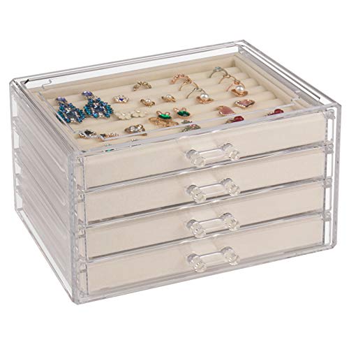 Weiai Acrylic Jewelry Organizer, Clear Jewelry Box with 4 Drawers, Velvet Display Case Storage for Women, Girls (Beige)