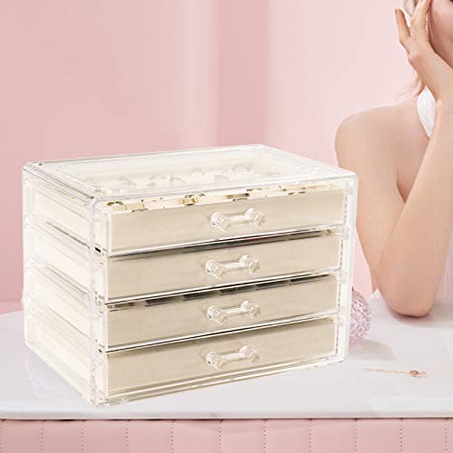 Weiai Acrylic Jewelry Organizer, Clear Jewelry Box with 4 Drawers, Velvet Display Case Storage for Women, Girls (Beige)