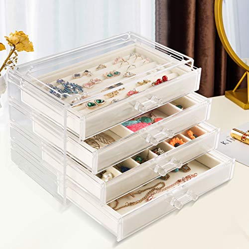 Weiai Acrylic Jewelry Organizer, Clear Jewelry Box with 4 Drawers, Velvet Display Case Storage for Women, Girls (Beige)