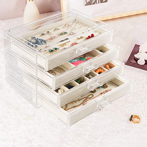 Weiai Acrylic Jewelry Organizer, Clear Jewelry Box with 4 Drawers, Velvet Display Case Storage for Women, Girls (Beige)