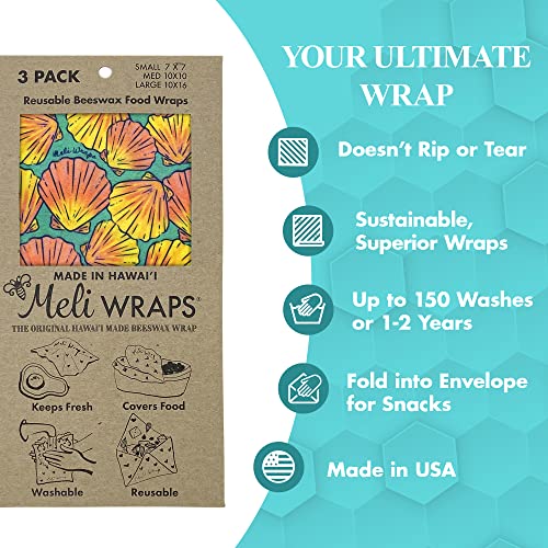 Meli Wraps - 3-Pack Reusable Beeswax Wraps for Food, Eco-Conscious Food Storage, Small, Medium and Large Food Wrap, Shells