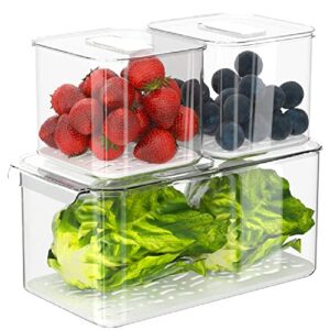 benzoyl refrigerator organizer bins lettuce keeper, stackable food storage bins fridge produce saver with removable drain tray, keep fresh clear containers for berry, fruits, veggie -3 pack