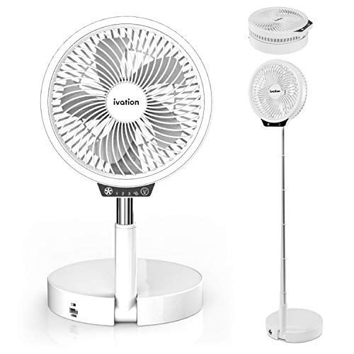 Ivation Battery Operated Portable Expanding Personal Fan with LED Light, Compact Folding Desk, Table & Pedestal Floor Fan with 39.5” Adjustable Height, 3-Speed Touch Control & USB Phone Charging Port