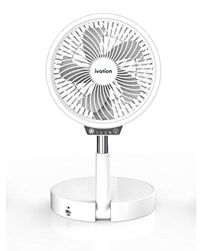 Ivation Battery Operated Portable Expanding Personal Fan with LED Light, Compact Folding Desk, Table & Pedestal Floor Fan with 39.5” Adjustable Height, 3-Speed Touch Control & USB Phone Charging Port