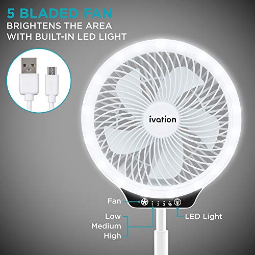 Ivation Battery Operated Portable Expanding Personal Fan with LED Light, Compact Folding Desk, Table & Pedestal Floor Fan with 39.5” Adjustable Height, 3-Speed Touch Control & USB Phone Charging Port