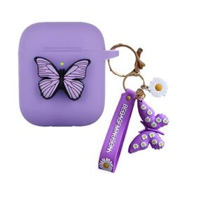 compatible with airpods butterfly case, shockproof silicone 3d butterfly airpods 2&1 cover pattern keychain women girls gift for apple airpods 2 charging case (purple)