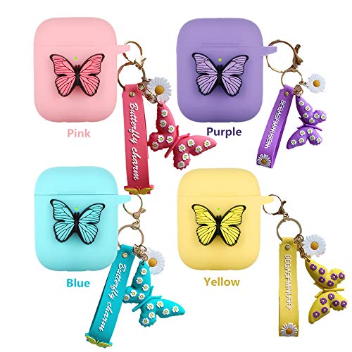 Compatible with AirPods Butterfly Case, Shockproof Silicone 3D Butterfly Airpods 2&1 Cover Pattern Keychain Women Girls Gift for Apple Airpods 2 Charging Case (Purple)