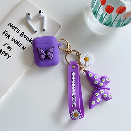 Compatible with AirPods Butterfly Case, Shockproof Silicone 3D Butterfly Airpods 2&1 Cover Pattern Keychain Women Girls Gift for Apple Airpods 2 Charging Case (Purple)