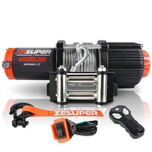 zesuper 4500-lb waterproof winch waterproof ip67 electric winch with hawse fairlead, with both wireless handheld remote (steel cable)