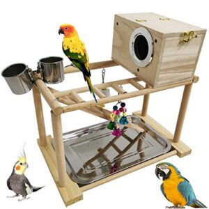 kathson parrots playground bird playstand birdcage play stand wood perch gym playpen with parakeet nest box ladder feeder cups chewing toys exercise activity center for conure cockatiel lovebirds