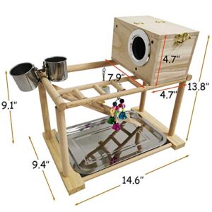 kathson Parrots Playground Bird Playstand Birdcage Play Stand Wood Perch Gym Playpen with Parakeet Nest Box Ladder Feeder Cups Chewing Toys Exercise Activity Center for Conure Cockatiel Lovebirds