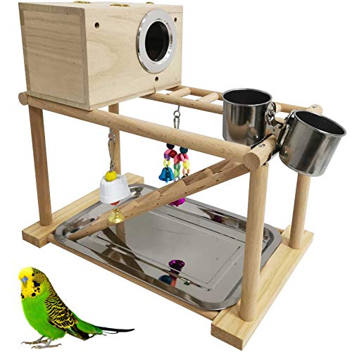 kathson Parrots Playground Bird Playstand Birdcage Play Stand Wood Perch Gym Playpen with Parakeet Nest Box Ladder Feeder Cups Chewing Toys Exercise Activity Center for Conure Cockatiel Lovebirds