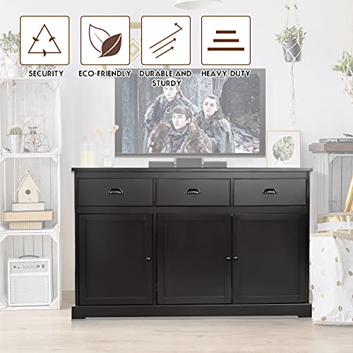 DORTALA Kitchen Buffet Sideboard, Wood Storage Cabinet w/ 3 Drawers and 2 Cupboards, 3 Doors, Morden Entryway Cupboard, Buffet Table for Dining Room, Kitchen, Living Room, Entryway, Brown