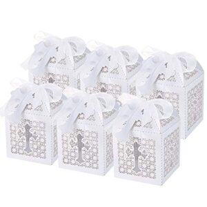 lemeso 50 pieces baptism favor boxes, laser cut favor boxes with 50 ribbons and 50 cross tags, great for christian, baby shower, wedding small gift bags decorations - gold color