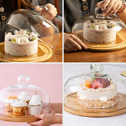 DOITOOL Cake Stand with Dome, Cake Plate Server Platter, Wood Cake Stand with Glass Dome, Cake Display Server Tray, 8.25x8.25x5.78inch