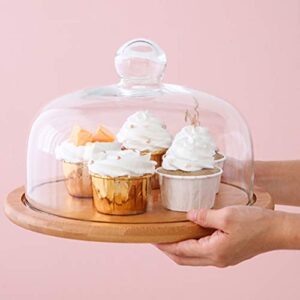 DOITOOL Cake Stand with Dome, Cake Plate Server Platter, Wood Cake Stand with Glass Dome, Cake Display Server Tray, 8.25x8.25x5.78inch