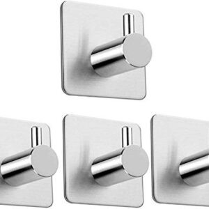 Self Adhesive Hooks 4 Pack, Brushed Stainless Steel Adhesive Door Hooks, Coat Hooks,Towel Hooks， Anti-Rust Waterproof Sticky Hooks for Kitchen Bathroom Office Toilet, No Drill Glue Needed