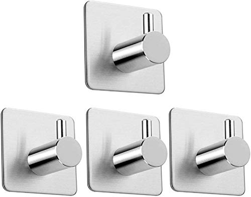 Self Adhesive Hooks 4 Pack, Brushed Stainless Steel Adhesive Door Hooks, Coat Hooks,Towel Hooks， Anti-Rust Waterproof Sticky Hooks for Kitchen Bathroom Office Toilet, No Drill Glue Needed