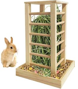 kathson wooden hay feeder rabbit less waste food feeding rack standing pet-self feeding hay manager grass holder small animals cage accessories for bunny chinchilla guinea pig