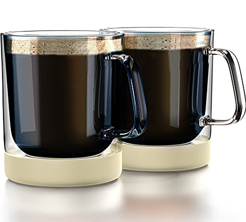 Zovoko Double Wall Insulated Glass Coffee Mugs (Large - 16 oz - Set of 2) - Removable Non-Slip Silicone Coaster - Microwave/Dishwasher Safe - 100% Borosilicate Glass