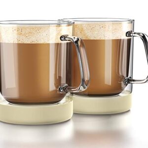 Zovoko Double Wall Insulated Glass Coffee Mugs (Large - 16 oz - Set of 2) - Removable Non-Slip Silicone Coaster - Microwave/Dishwasher Safe - 100% Borosilicate Glass