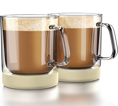 Zovoko Double Wall Insulated Glass Coffee Mugs (Large - 16 oz - Set of 2) - Removable Non-Slip Silicone Coaster - Microwave/Dishwasher Safe - 100% Borosilicate Glass