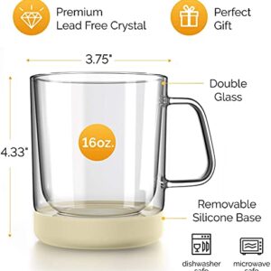 Zovoko Double Wall Insulated Glass Coffee Mugs (Large - 16 oz - Set of 2) - Removable Non-Slip Silicone Coaster - Microwave/Dishwasher Safe - 100% Borosilicate Glass