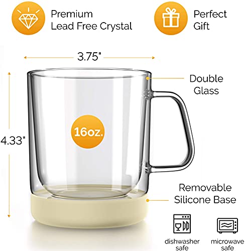 Zovoko Double Wall Insulated Glass Coffee Mugs (Large - 16 oz - Set of 2) - Removable Non-Slip Silicone Coaster - Microwave/Dishwasher Safe - 100% Borosilicate Glass