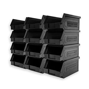 12 pack small storage bin, wall mount storage, hanging and stacking bin, freestanding | 7” x 4” x 3” plastic container | black | zeus 1plz06 | storagecompat