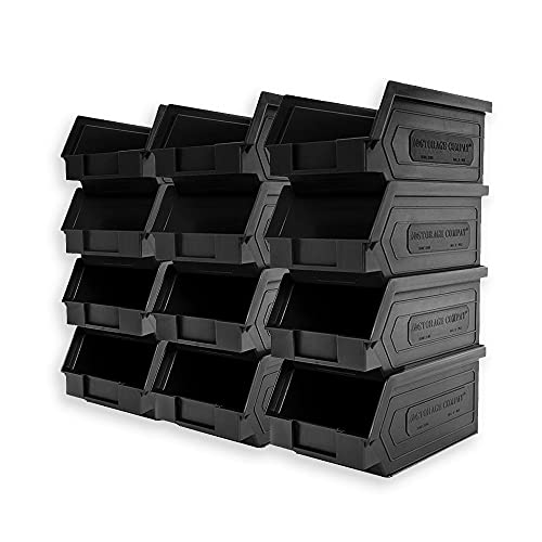 12 Pack Small Storage Bin, Wall Mount Storage, Hanging and Stacking Bin, Freestanding | 7” x 4” x 3” Plastic Container | Black | Zeus 1PLZ06 | StorageCompat