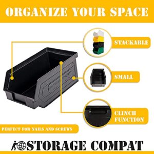 12 Pack Small Storage Bin, Wall Mount Storage, Hanging and Stacking Bin, Freestanding | 7” x 4” x 3” Plastic Container | Black | Zeus 1PLZ06 | StorageCompat