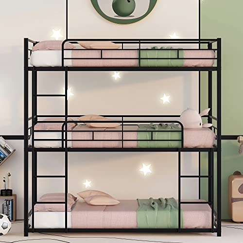 Triple Bunk Beds, Twin Over Twin Over Twin Metal Bunk Bed for Kids, Teens, Adults, Girls, Boys, Black