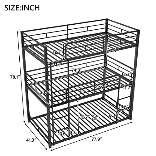 Triple Bunk Beds, Twin Over Twin Over Twin Metal Bunk Bed for Kids, Teens, Adults, Girls, Boys, Black