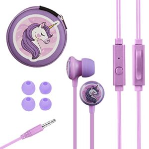volkano cute wired earbuds for kids - 3.5mm output for computer, cell phones, & more - in ear silicone noise isolating child sized earbuds with storage case - (purple) unicorn series