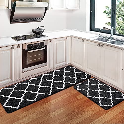 KMAT Kitchen Rugs and Mats [2 PCS] Super Absorbent Microfiber Kitchen Mat Non Slip Machine Washable Runner Carpets for Floor, Kitchen, Bathroom, Sink, Office, Laundry,28"x17.3"+47"x17.3",Black